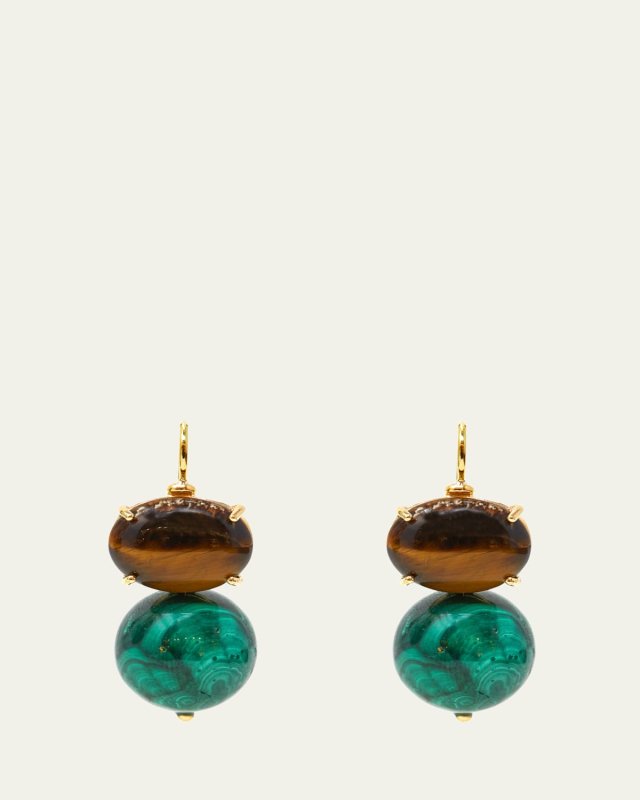 Yellow Gold Monachina and Boule Malachite Drop Earrings with Tigers Eye